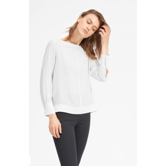 NWT Everlane 0 Womens The Clean Boatneck Blouse SILK top Gray White - Picture 1 of 11